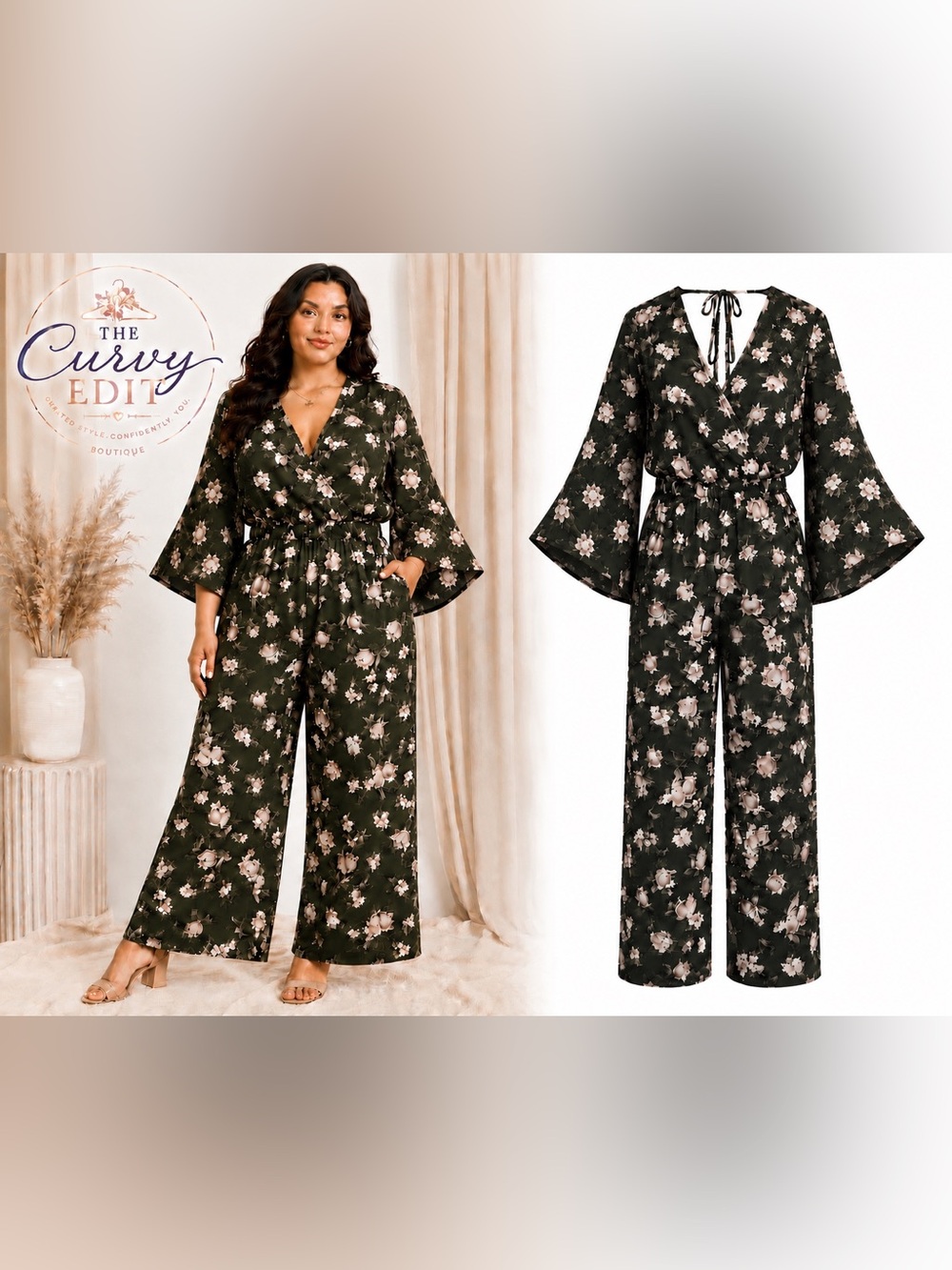 Fashion 2 Figure Size 1 Floral Wide Leg Jumpsuit Faux Wrap Bell Sleeve Boho